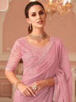 Womens Georgette Pink Embellished Saree with Unstitched Blouse - Image 2