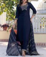 Women Woven Yoke Straight Kurta Set - Image 5