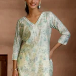 Green Printed Silk Blend Straight Kurti