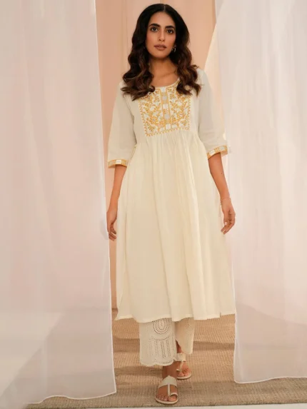 Off White Yoke Design Cotton A-Line Kurta