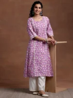 Purple Printed Cotton A-Line Kurta - Image 2