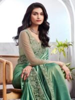 Womens Chiffon Sea Green Embellished Designer Saree with Unstitched Blouse - Image 2