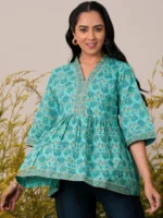 Turquoise Printed Cotton A-Line Kurti - Image 2