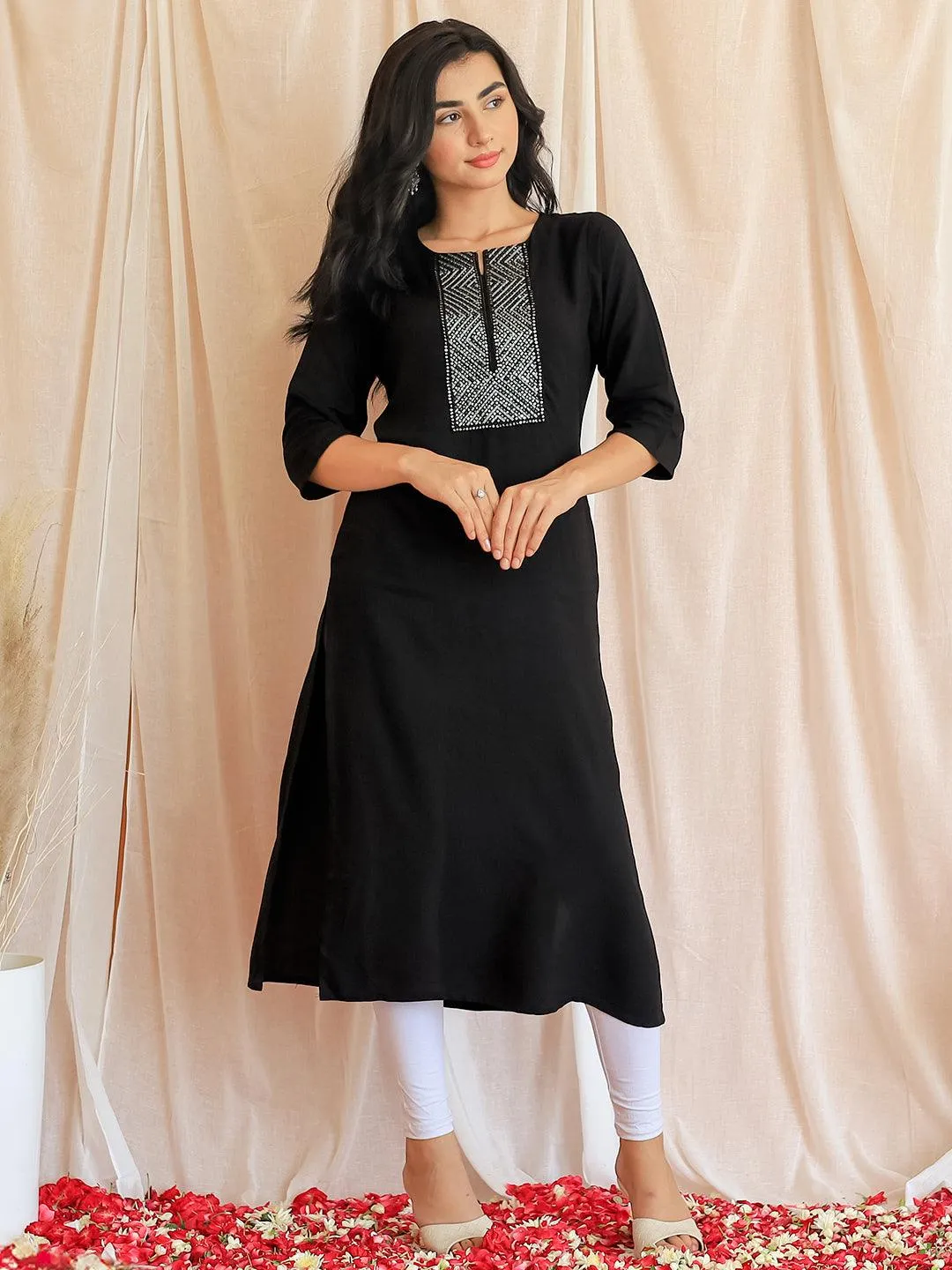 26745.webp Black Embellished Rayon Straight Kurta - Image 1