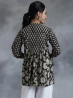 Black Printed Cotton A-Line Kurti - Image 4