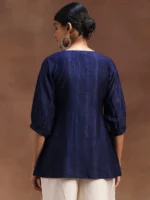 Blue Woven Design Silk Blend A-Line Kurti - Image 3
