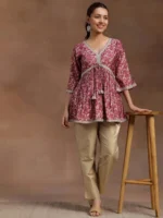 Pink Printed Silk Blend A-line Kurti - Image 4