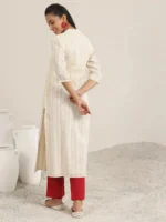 Off White Woven Design Cotton Straight Kurta - Image 3