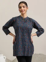 Blue Printed Cotton Straight Short Kurti - Image 2
