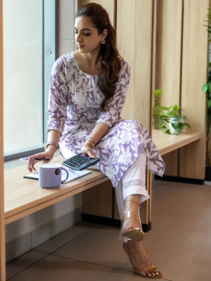 Lavender Straight Printed Cotton Kurta