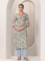 Blue Printed Cotton Blend Straight Kurta - Image 3