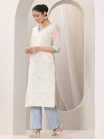 Off white Embroidered Cotton Straight Kurta - Image 2
