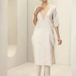 Off White Embroidered Cotton Straight Kurta