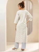Off White Embroidered Cotton Straight Kurta - Image 2