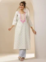 Off White Embroidered Cotton Straight Kurta - Image 3
