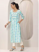 Blue Printed Silk Blend Straight Kurta - Image 2