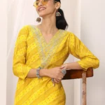 Mustard Printed Silk Blend Straight Kurta