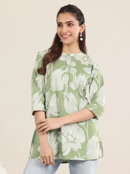 Green Printed Cotton Straight Short Kurti