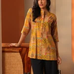 Mustard Printed Silk Blend Straight Short Kurti