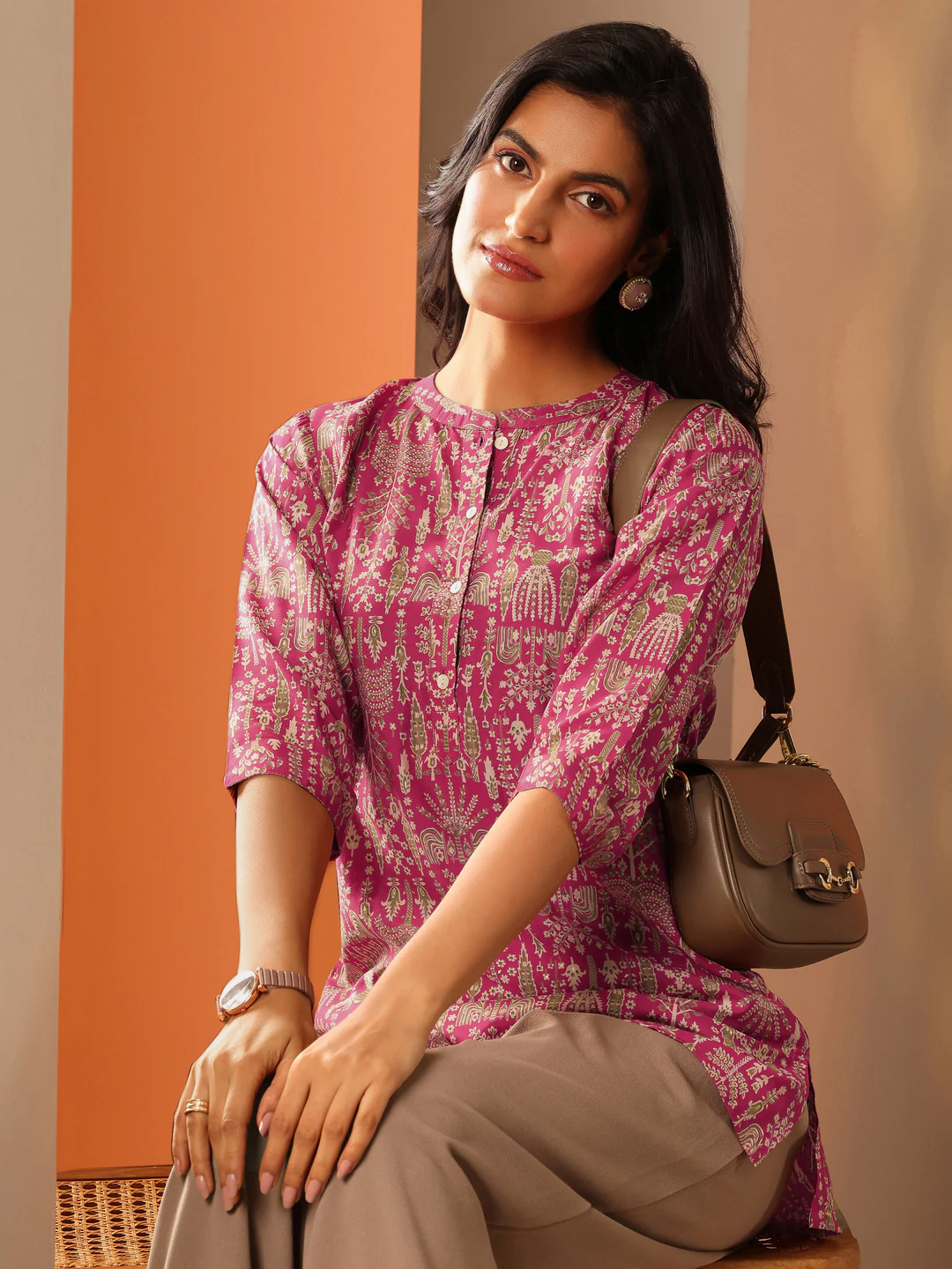 29746_5MAIN.webp Pink Printed Silk Blend Straight Short Kurti - Image 1