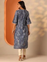 Blue Printed Silk Blend Straight Kurta - Image 3