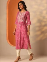 Pink Printed Silk Blend Straight Kurta - Image 2