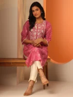 Pink Printed Silk Blend Straight Kurta