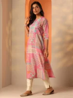 Pink Printed Silk Blend Straight Kurta - Image 2