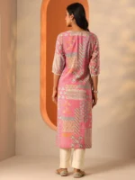 Pink Printed Silk Blend Straight Kurta - Image 3