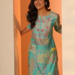 Blue Printed Silk Blend Straight Kurta