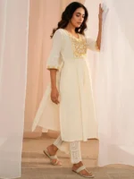 Off White Yoke Design Cotton A-Line Kurta - Image 4