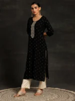 Black Yoke Design Cotton Straight Kurta - Image 2