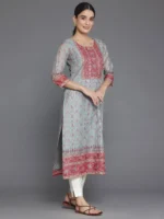 Grey Printed Chanderi Silk Straight Kurta - Image 2