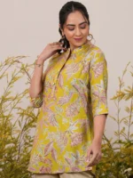 Yellow Printed Silk Blend A-Line Kurti - Image 2