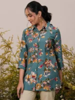 Blue Printed Silk Blend A-Line Kurti - Image 3