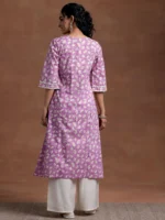 Purple Printed Cotton A-Line Kurta - Image 4