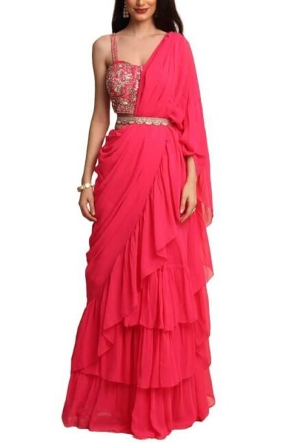 Women's frill ruffle ready to wear saree for wedding mehandi party diwali haldi reception navratra gift