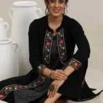 Black Embroidered Wool Straight Kurta
