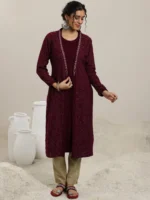 Maroon Solid Wool Straight Kurta - Image 4