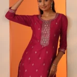 Pink Embroidered Silk Blend Straight Kurta