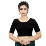 Round Neck Dobby Cotton Lycra Stretchable Elbow Sleeve Readymade Saree Blouse for Women Stylish (Free Size)