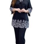 Women's Rayon Fabric 3/4 Sleeves Collared Neck Thread Embroidery Cord Set