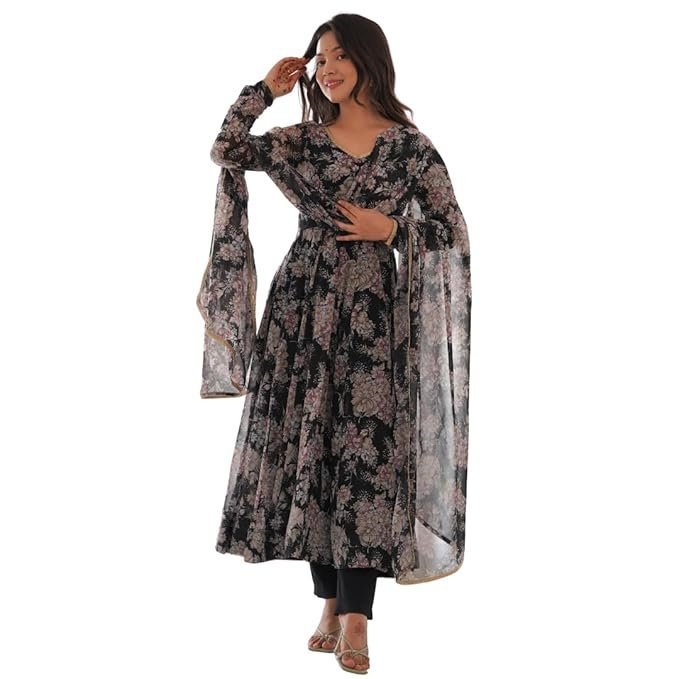 61Q48AxWNeL._SX679_.jpg Women's Heavy Pure Soft Georgette Anarkali V-neck Long Sleeve Kurti With Matching Pant and Digital Printed Work Heavy Matching Dupatta Set. - Image 1