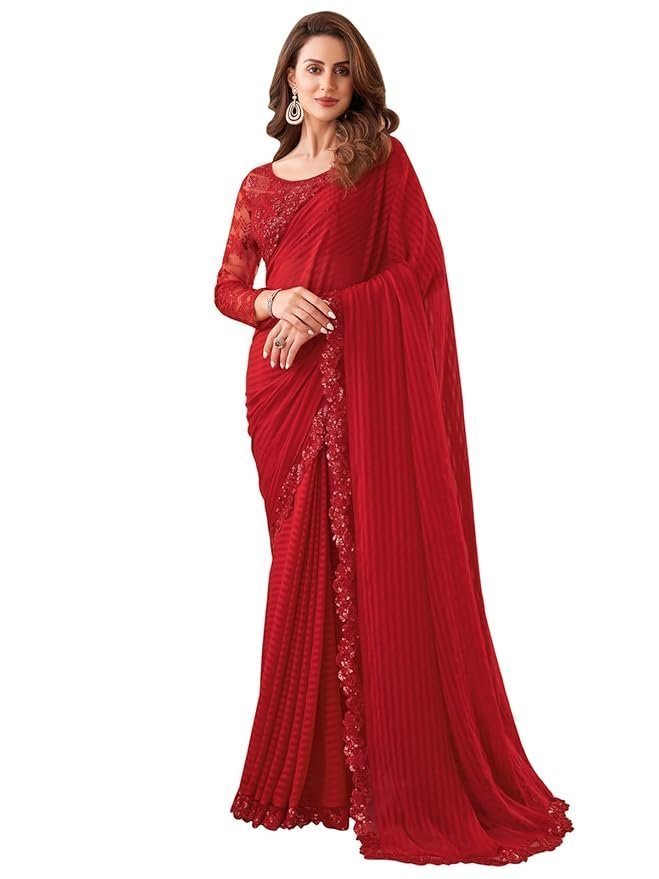 61QksKrhtJL._SY879_.jpg Women's Self Woven, Lace Georgette Saree with Unstitched Blouse - Image 1