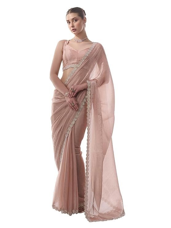 61SEyDRjd3L._SY741_.jpg Women's Chiffon All Over Fix Diamond & Lace Work Saree With Art Silk Matching Unstitched Blouse Piece - Image 1