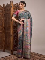 Teal Woven Viscose Saree with Unstitched Blouse