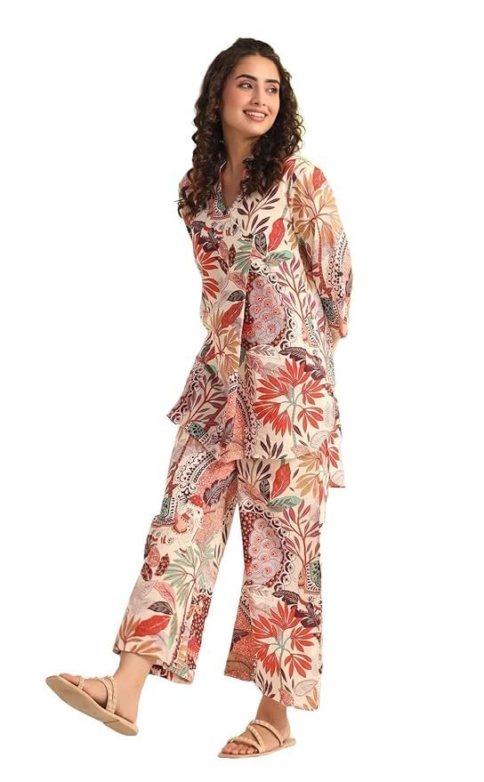 71AXZeNSy8L._SY879_.jpg Women Kurta Set For Women|Co-Ords Set|Kurta Pant Set|Coordinate Set|Summer Suit|Printed Short Kurti With Pant Set| - Image 1