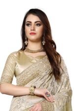 Beige Mayo Silk Zari Resham Stone Embroidery Work Saree with Blouse Piece - Image 2