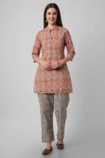 Women's Cotton Short Kurta with Pants - (Orange) - Image 2