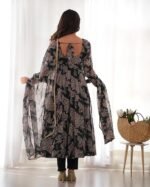 Women's Heavy Pure Soft Georgette Anarkali V-neck Long Sleeve Kurti With Matching Pant and Digital Printed Work Heavy Matching Dupatta Set. - Image 3